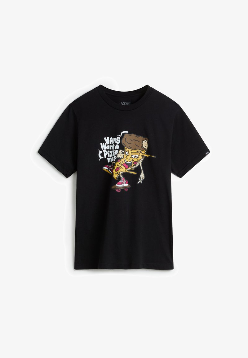 Schwarzes Baumwoll-T-Shirt mit einem Cartoon-Graphic eines Pizzacharacters auf einem Skateboard, mit bunten Akzenten und dem Text "VANS Want a Pizza me?"