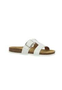 Sandales blanches à glissière avec une tige texturée, deux brides réglables avec boucle en argent, semelle en liège et semelle en caoutchouc.