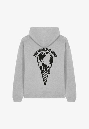 Felpa grigia con una grafica sul retro raffigurante un globo che si scioglie sopra un cono gelato, accompagnata dal testo "IL MONDO È NOSTRO" in grassetto nero.