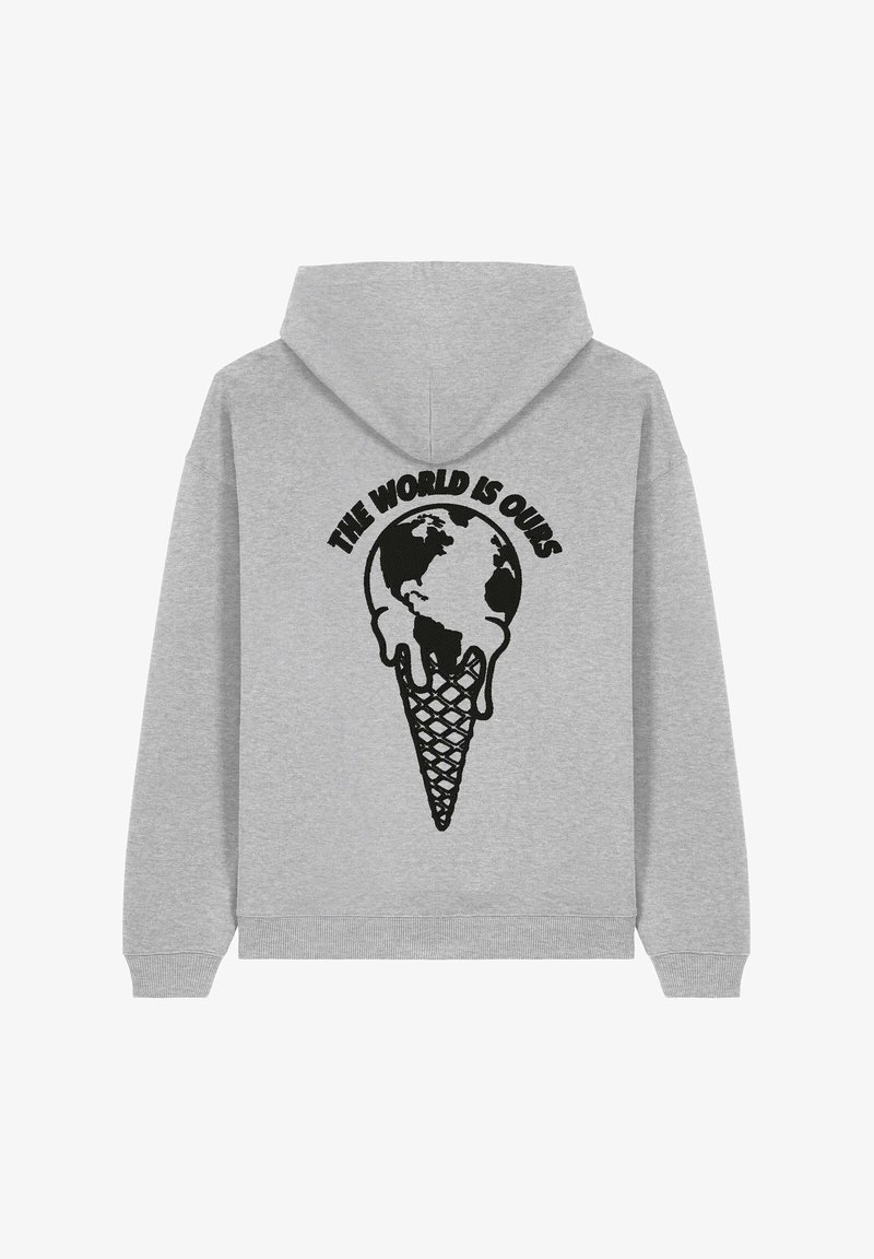 Felpa grigia con una grafica sul retro raffigurante un globo che si scioglie sopra un cono gelato, accompagnata dal testo "IL MONDO È NOSTRO" in grassetto nero.