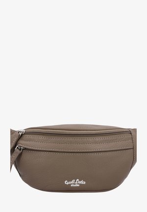 Taubenblaues Leder-Gürteltasche mit zwei Reißverschlussfächern und weißem "Quast Leder studio"-Logo in der Mitte vorne.