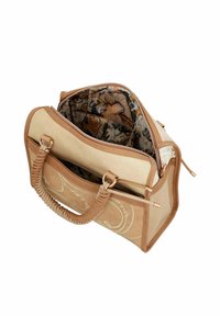 Tasche aus beigefarbenem Stoff mit geflochtenen Griffen, Reißverschlussverschluss und floralen Innenmuster. Verfügt über Fächer zur Organisation und eine Außenmarkierung.