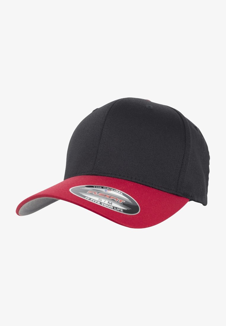 Black baseball cap with a red brim, featuring a structured design and a visible logo sticker on the front. Made from fabric material.