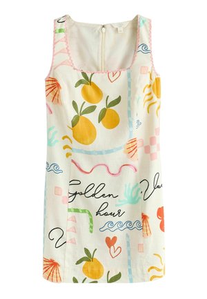 Ærmeløs linnedkjole med gule frugter, muslinger, bølger, hjerter og abstrakte mønstre, med teksten "Golden hour" som design.