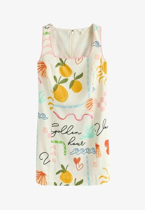 Lniana sukienka bez rękawów z żółtymi motywami owoców, muszli, fal, serc oraz abstrakcyjnymi wzorami, zawierająca napis "Golden hour".