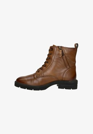 Bottines en cuir marron avec un lacet à l'avant, fermeture éclair sur le côté, bout rond et semelle texturée. Les détails de couture soulignent la finition lisse.