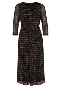 Vestido negro con un patrón geométrico en blanco y beige, mangas semitransparentes de 3/4, cintura ajustada con un cinturón de lazo y una falda fluida.