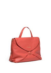 Coral synthetic leather bag with a smooth texture, rounded shape, front flap closure, and gold-tone circular accent and logo.