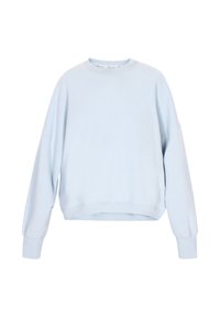 Lichtblauwe trui van zachte stof, met een ronde hals, doorgezakte schouders en geribbelde boorden. Gladde textuur en een ontspannen pasvorm.