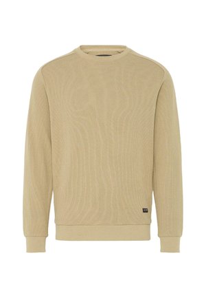Lys beige sweatshirt, strukturert stoff, rund hals, lange ermer, ribbestrikkede mansjetter og nederkant. Liten merkeetikett nederst til venstre.