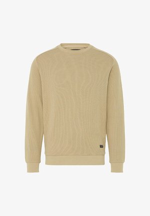 Lys beige sweatshirt, strukturert stoff, rund hals, lange ermer, ribbestrikkede mansjetter og nederkant. Liten merkeetikett nederst til venstre.