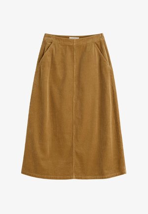 Jupe midi en corduroy marron avec une silhouette droite, dotée de poches latérales et d'une texture à côtes verticales subtile.