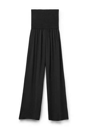 Czarne spodnie typu wide-leg z marszczonym, wysokim pasem, wykonane z miękkiego materiału o gładkiej teksturze i swobodnym kroju.