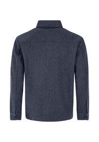 Donkergrijze longsleeve jas met een kraag, knoopsluitingen bij de manchetten en een rechte achterkant op een witte achtergrond.