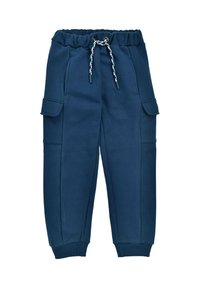 Navy blue sweatpants with an elastic waistband, adjustable drawstring, side pockets, ribbed cuffs, and flat seams.