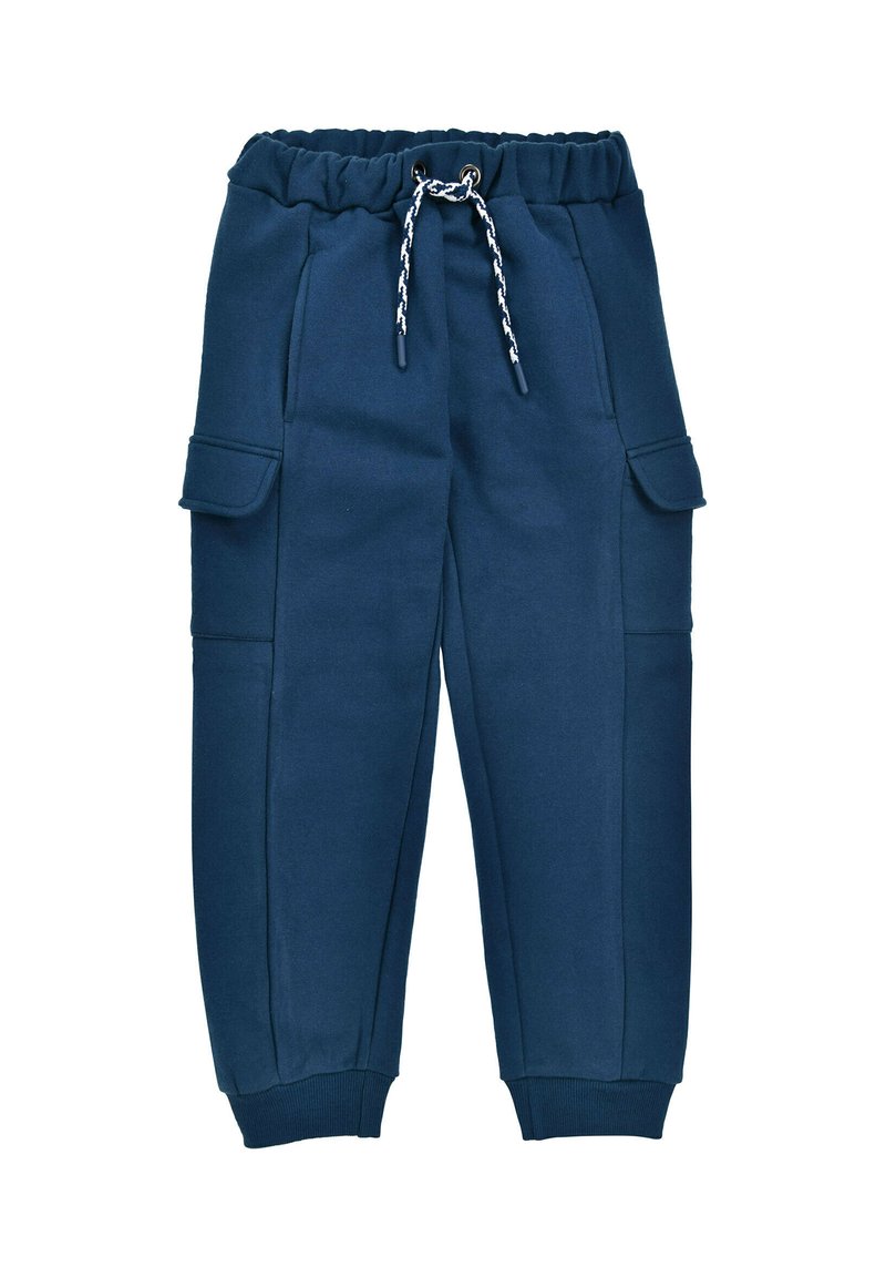 Navy blue sweatpants with an elastic waistband, adjustable drawstring, side pockets, ribbed cuffs, and flat seams.