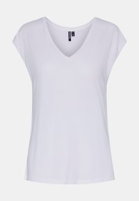 Vit kortärmad V-ringad t-shirt gjord av mjukt tyg. Enkelt design med lös passform och inga synliga mönster eller detaljer.