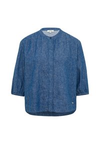 Blauwe textuur denim blouse met driekwart ingezette mouwen, ronde hals en een sluiting aan de voorkant met verborgen knoopsluiting.