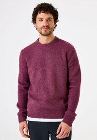 Paarse trui met ronde hals, gemaakt van zacht materiaal, met geribde manchetten en zoom, een ontspannen pasvorm en een minimale textuur.