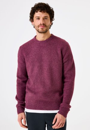 Paarse trui met ronde hals, gemaakt van zacht materiaal, met geribde manchetten en zoom, een ontspannen pasvorm en een minimale textuur.