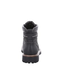 Botín negro de cuero hasta el tobillo con punta redonda, tacón elevado, costuras en contraste y una lengüeta en la parte posterior para facilitar el uso.