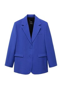 Blazer blu con una vestibilità strutturata, design a un petto, due bottoni, rever a punta e tasche laterali. Texture liscia, dettagli minimi.