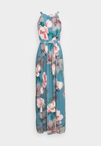 Robe maxi florale avec un fond turquoise, ornée de motifs de magnolias roses et blancs, avec des bretelles froncées et une taille cintrée. Tissu léger.