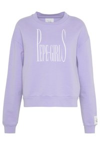 Lavendelfärgad sweatshirt i bomullsblandning med rund halsringning, långa ärmar och en stor vit logga "PEPE-GIRLS" framtill.