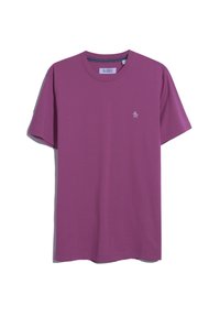 Purple cotton t-shirt with short sleeves and a crew neck. Features a small white penguin logo on the left chest. Smooth texture.