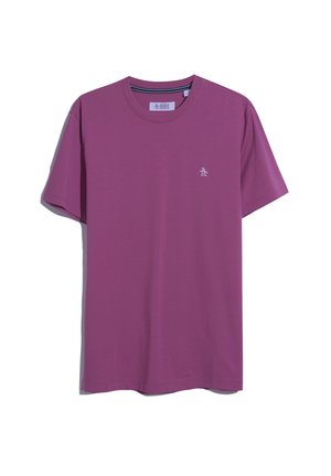 T-shirt en coton violet avec des manches courtes et un col rond. Présente un petit logo de pingouin blanc sur la poitrine gauche. Texture lisse.