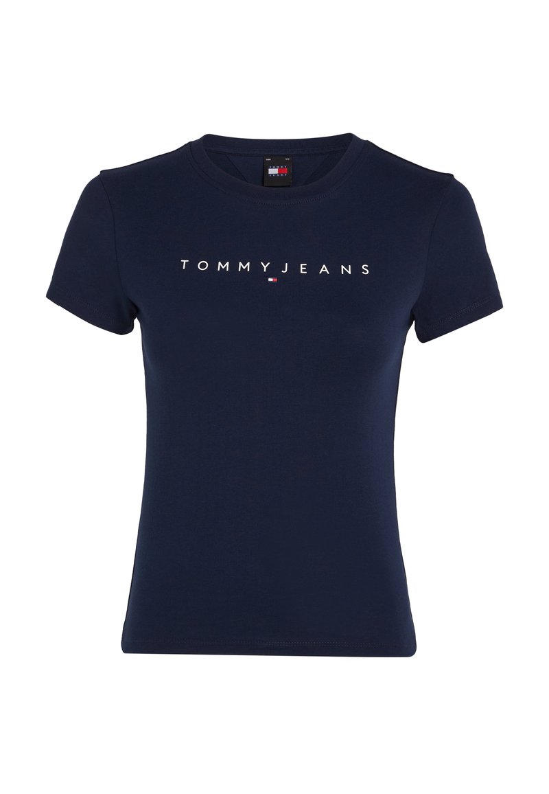 Camiseta de algodón azul marino con mangas cortas, que presenta un logo impreso en blanco "TOMMY JEANS" en el pecho y un diseño de cuello redondo.