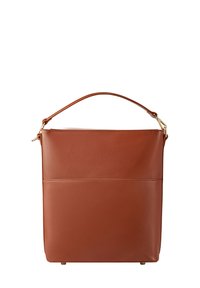 Smeđa kožna torba s strukturiranim dizajnom, ravnim dnom, kratkom ručkom i jednim vanjskim džepom. Glatka tekstura i minimalni detalji.