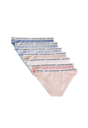 Sept paires de sous-vêtements bikini pour femmes en couleurs pastel, chacune avec une ceinture élastique de marque portant l'inscription "women'secret".