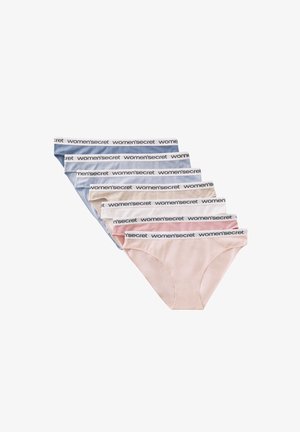 Sept paires de sous-vêtements bikini pour femmes en couleurs pastel, chacune avec une ceinture élastique de marque portant l'inscription "women'secret".