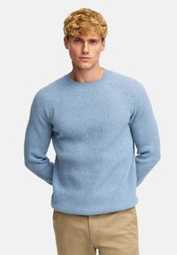 Hellblaues, geripptes Strickpullover mit Rundhalsausschnitt und Raglanärmeln, der eine weiche Textur und eine figurbetonte Silhouette aufweist.