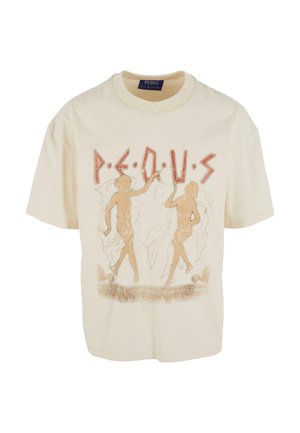 Cream-colored cotton t-shirt featuring gold graphic print of dancing figures and stylized lettering on the front. Short sleeves, crew neck.