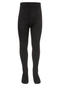 Czarne, nieprzezroczyste rajstopy z wysokim stanem, pełnym zakryciem n�óg i bezszwowym palcami, zaprezentowane w pozycji stojącej na białym tle.