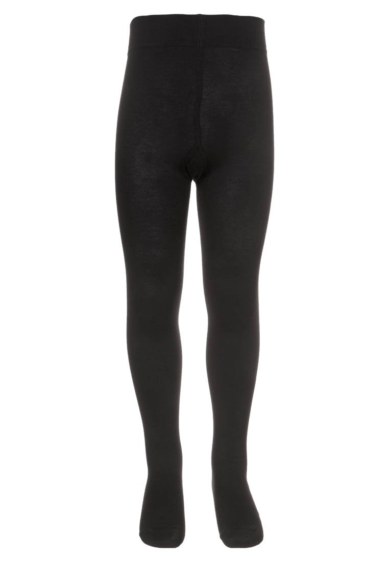 Czarne, nieprzezroczyste rajstopy z wysokim stanem, pełnym zakryciem nóg i bezszwowym palcami, zaprezentowane w pozycji stojącej na białym tle.