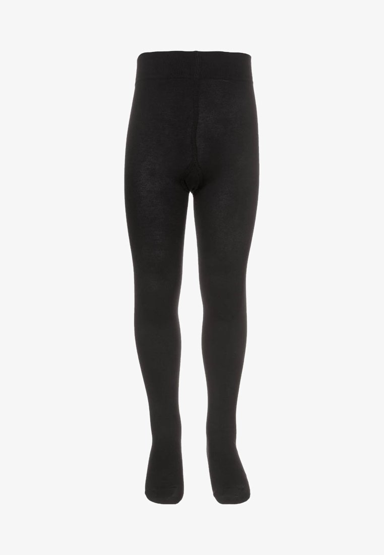 Calze nere opache con vita alta, copertura completa della gamba e punte senza cuciture, mostrate in posizione verticale su uno sfondo bianco.