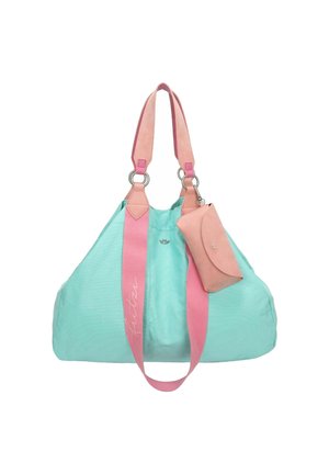 Borsa grande color turchese con dettagli e manici rosa. Include un portafoglio rosa staccabile. Tessuto testurizzato, forma tondeggiante e dettagli in metallo argentato.