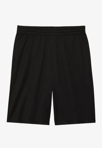 Shorts de sport noirs fabriqués à partir d'un tissu respirant avec une taille élastique, présentant une texture lisse et un design droit.