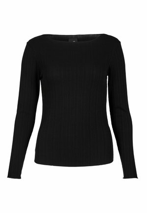 Schwarzes, geripptes Langarmshirt mit weitem rundem Ausschnitt und taillierter Silhouette auf weißem Hintergrund.