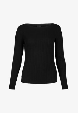 Maglietta nera a costine a maniche lunghe con scollatura ampia e rotonda e silhouette aderente su sfondo bianco.