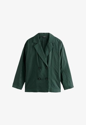 Blazer verde doppiopetto con strisce verticali bianche, caratterizzato da un colletto a picco e due bottoni neri. Realizzato in tessuto liscio.