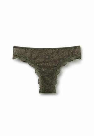 Olive green lace thong featuring floral patterns, scalloped edges, and a soft, sheer texture for a delicate appearance.