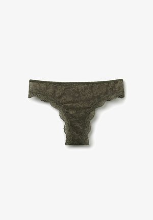 Olive green lace thong featuring floral patterns, scalloped edges, and a soft, sheer texture for a delicate appearance.