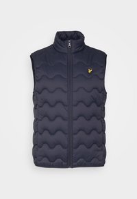 Marinblå quiltad puffer-väst med hög krage, vertikal dragkedja och liten gul logotyp på vänster bröst. Slät, syntetisk tyg.