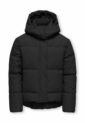 Melna pūkaina jaka ar kapuci, ar šūtu dizainu, elastīgiem aprocēm un taisnu apakšmalu. Gluda tekstūra un minimālas metāla detaļas.