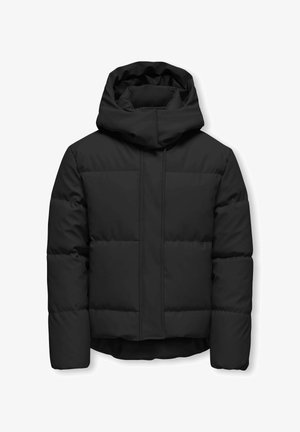 Must kapuutsiga puffer-jakk, mis on tikandiga mustriga, elastsete varrukaservade ja sirge äärega. Sile tekstuur ning minimaalsed tarvikud.