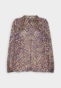 Blouse à manches longues avec un col montant, présentant un motif animalier abstrait aux tons violet, orange, noir et beige.